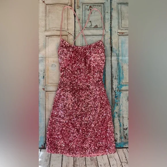 Pink sequined homecoming dress or banquet dress. - Picture 2 of 9